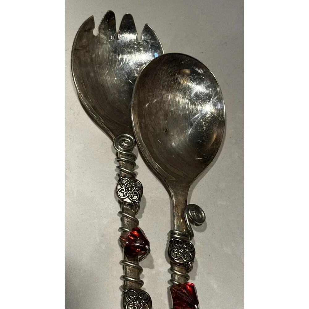 Set Of 2 Serving Utensils With Coiled Stone Beaded Deco Stainless